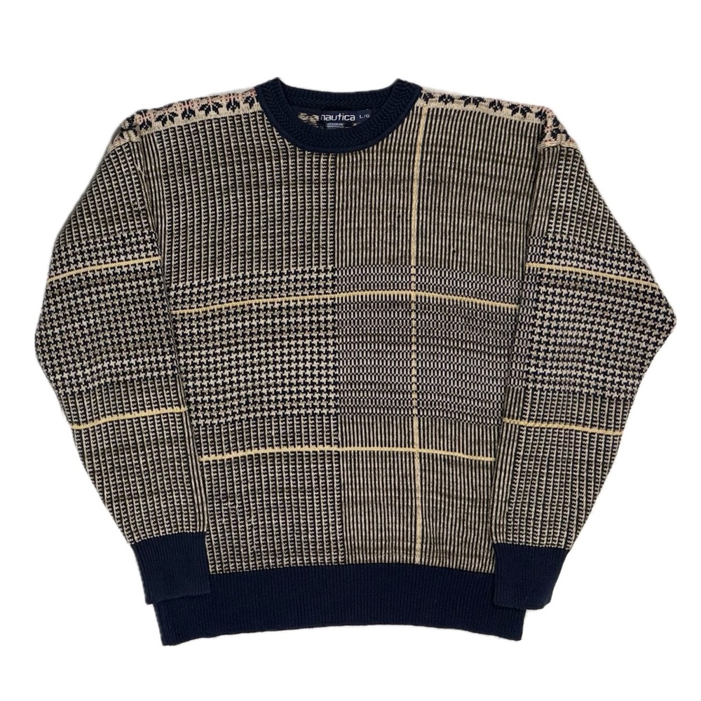 Vtg Nautica Cotton Wool Blend Holiday Paneled fair isle knit sweater‎ men large
